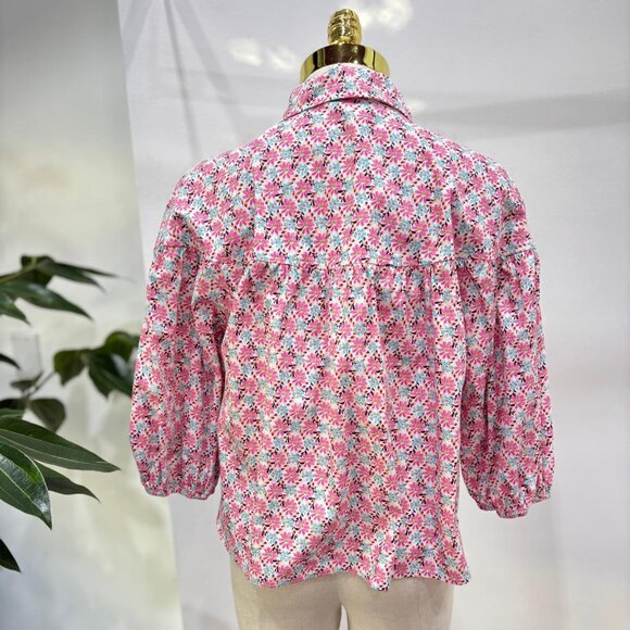 Floral Button-Up Blouse – Classic Collared Top with Puff Sleeves - Picture 3 of 4